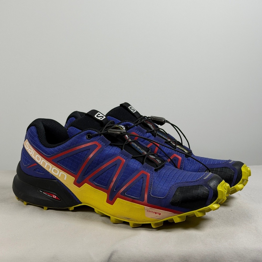 Salomon Speedcross 4 Trail Running Shoes Blue Yellow Red Quicklace Mens Size 8